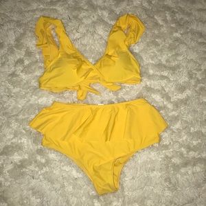 Cute pastel yellow high waisted ruffle top swimmy